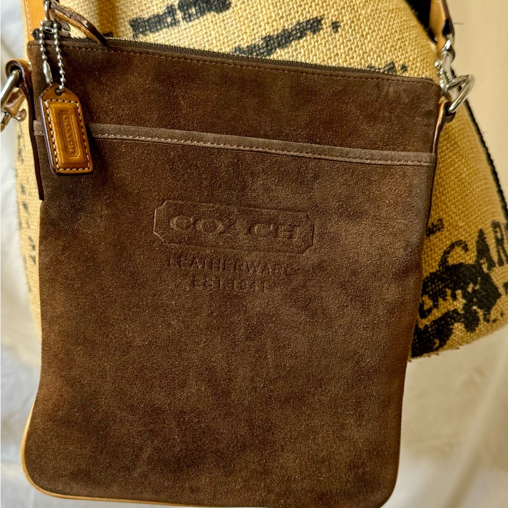 Coach crossbody brown suede clean 9 inches by 7.5 inches. Adjustable strap.